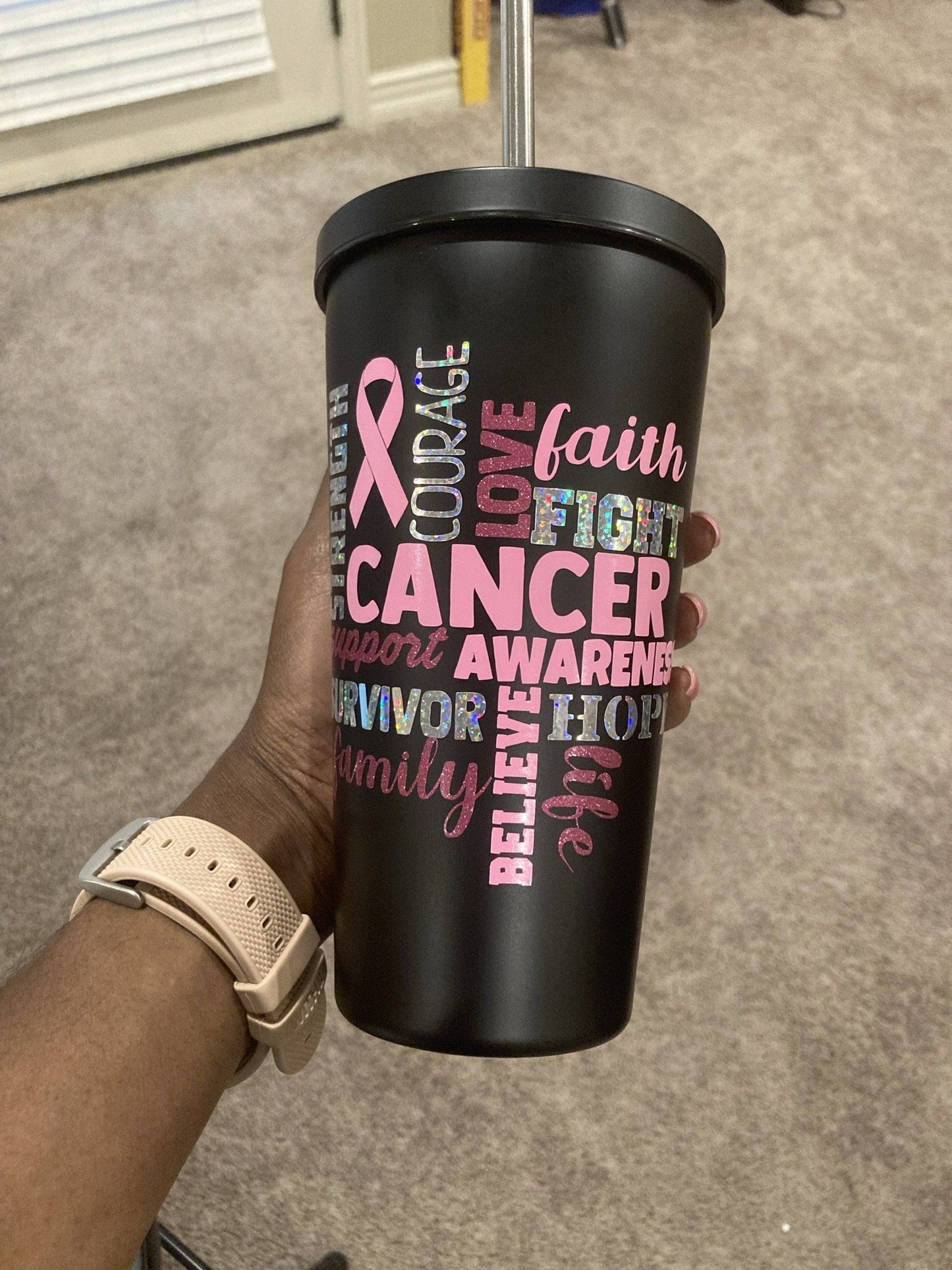 19oz. Black Stainless Steel Tumbler, Breast Cancer Awareness, Breast Cancer Survivor B1ack By Design LLC
