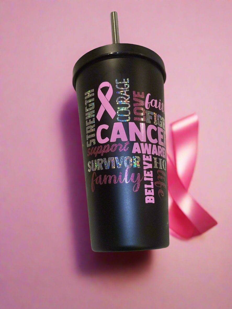 19oz. Black Stainless Steel Tumbler, Breast Cancer Awareness, Breast Cancer Survivor B1ack By Design LLC