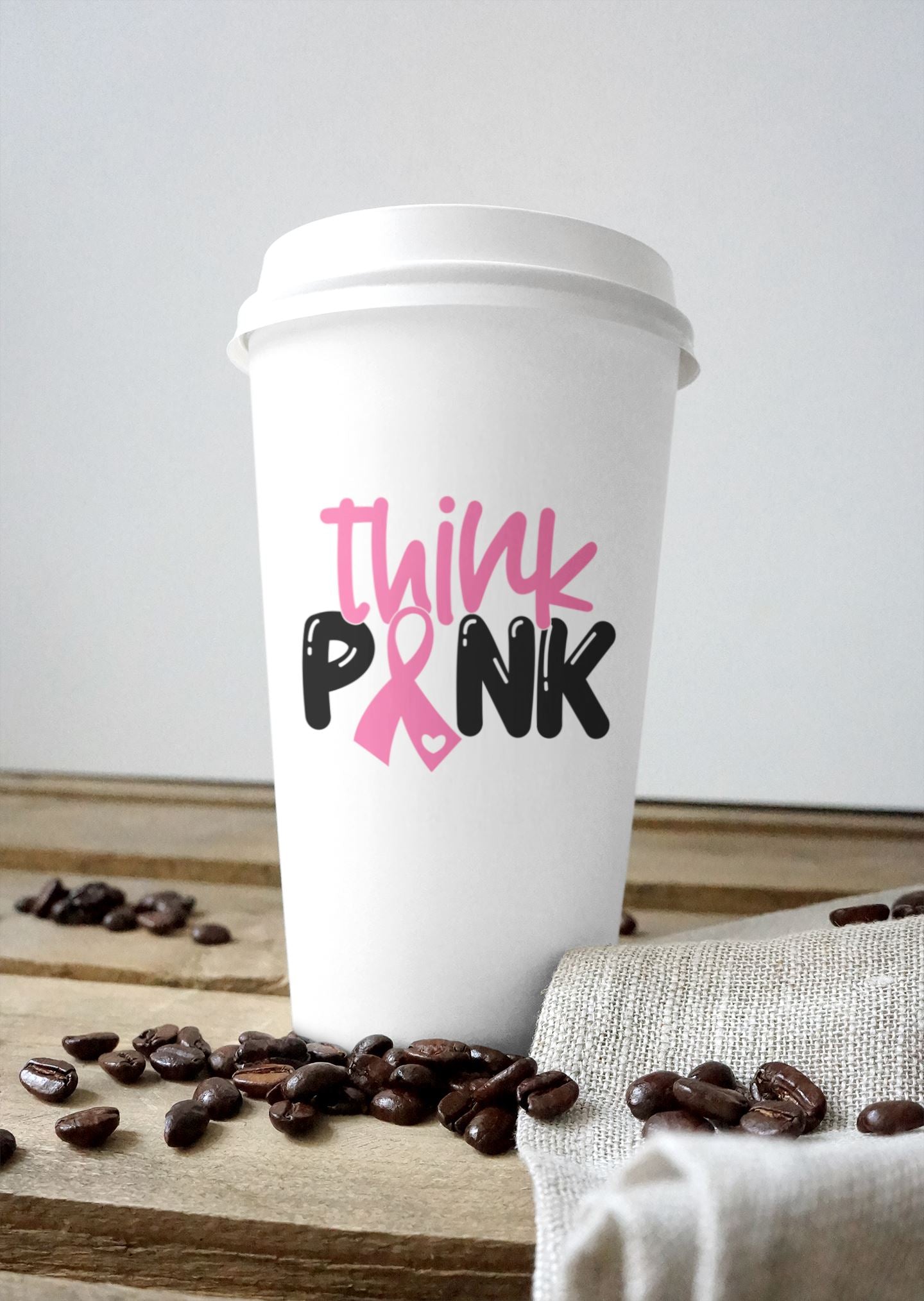 Pink Ribbon Themed Reusable Coffee Cup with Lid, Breast Cancer Awareness B1ack By Design LLC