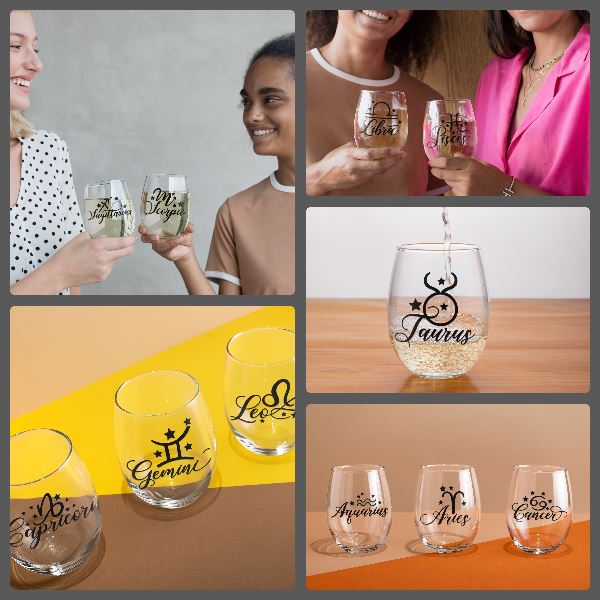 Zodiac Stemless Glass with Name Stemless Glass B1ack By Design LLC
