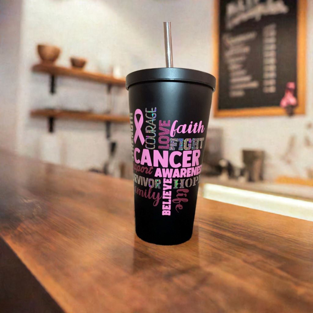 19oz. Black Stainless Steel Tumbler, Breast Cancer Awareness, Breast Cancer Survivor B1ack By Design LLC 