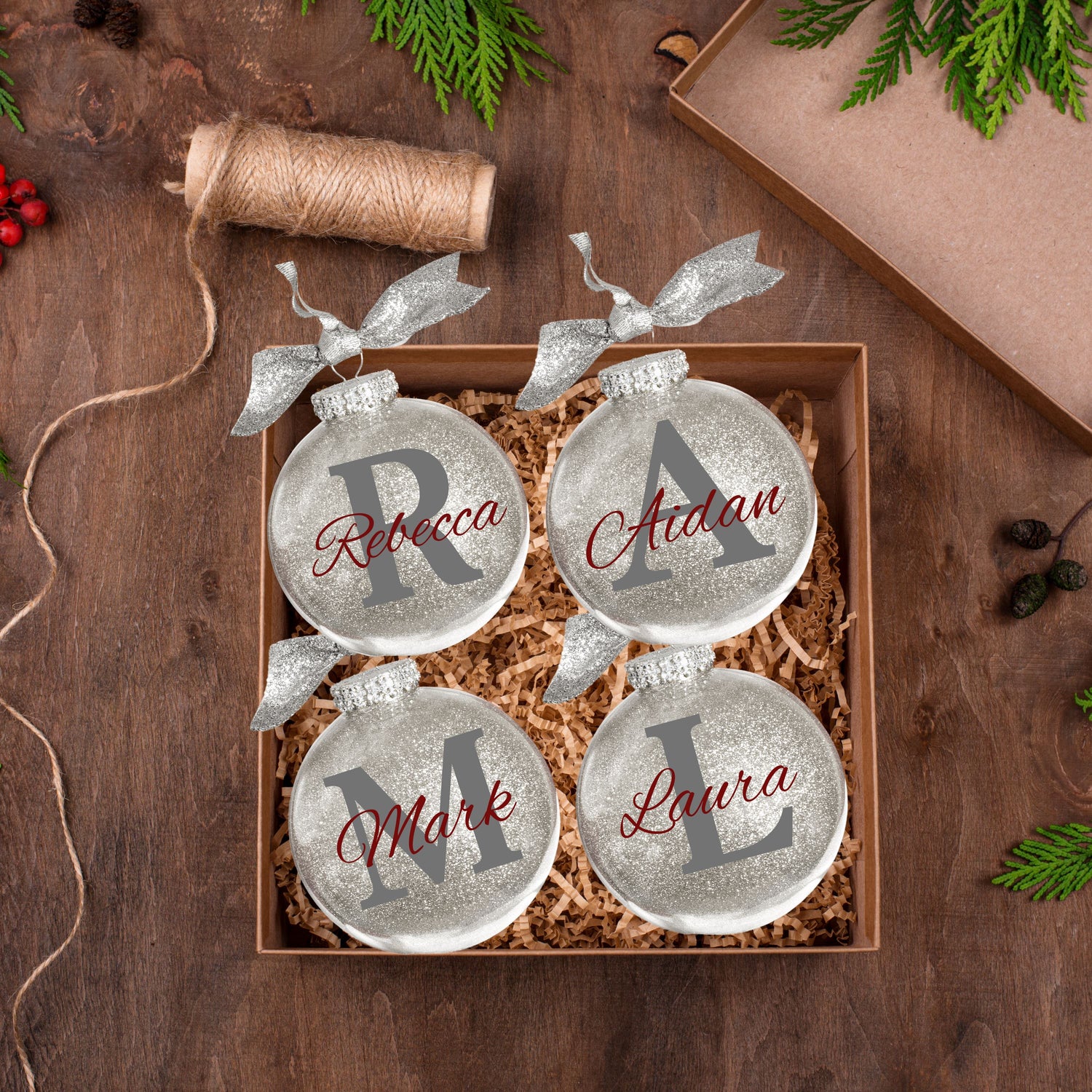 Custom Glitter Christmas Ornaments - Personalized Holiday Bulbs with Initial, Name, or Saying - Individual, Set of 2, or Set of 4 Christmas Ornament B1ack By Design LLC 