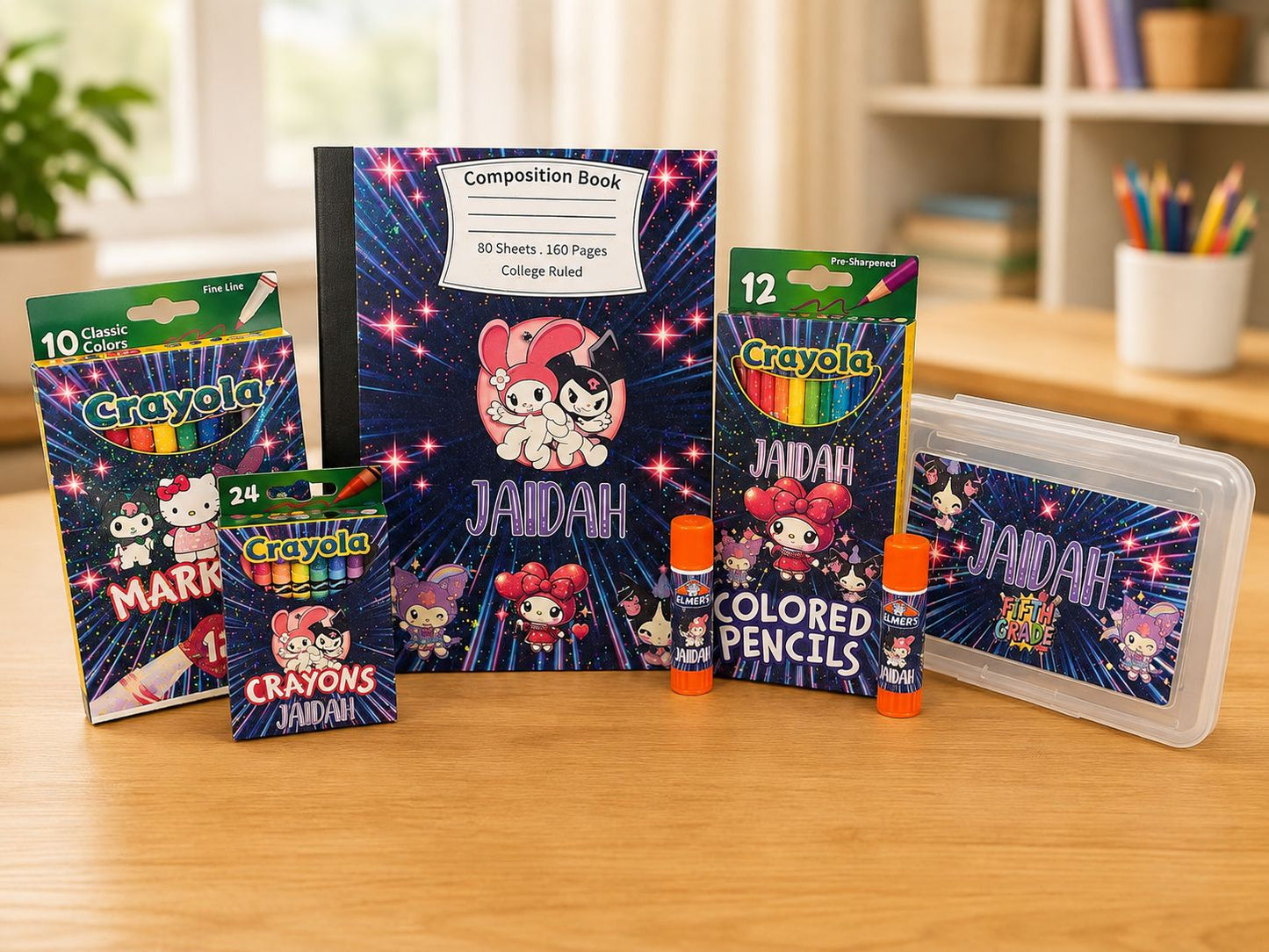 Personalized Back-to-School Supply Set | Custom School Essentials B1ack By Design LLC Starter - 1 Composition Notebook or Writing Tablet | Pencil Box | Colored Pencils | Crayons | Markers | 2 Glue Sticks 