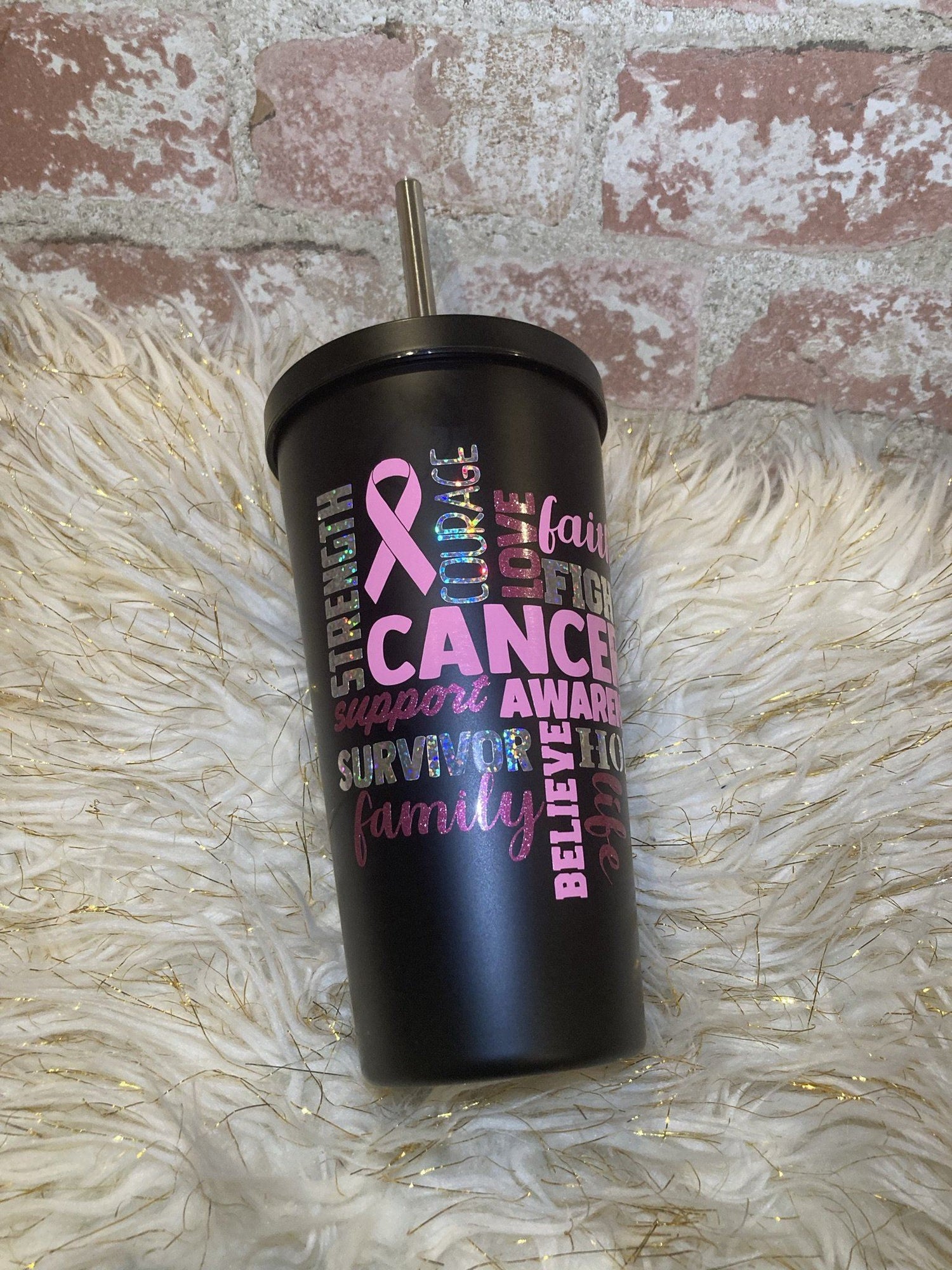 Pink Ribbon Themed Reusable Coffee Cup with Lid, Breast Cancer